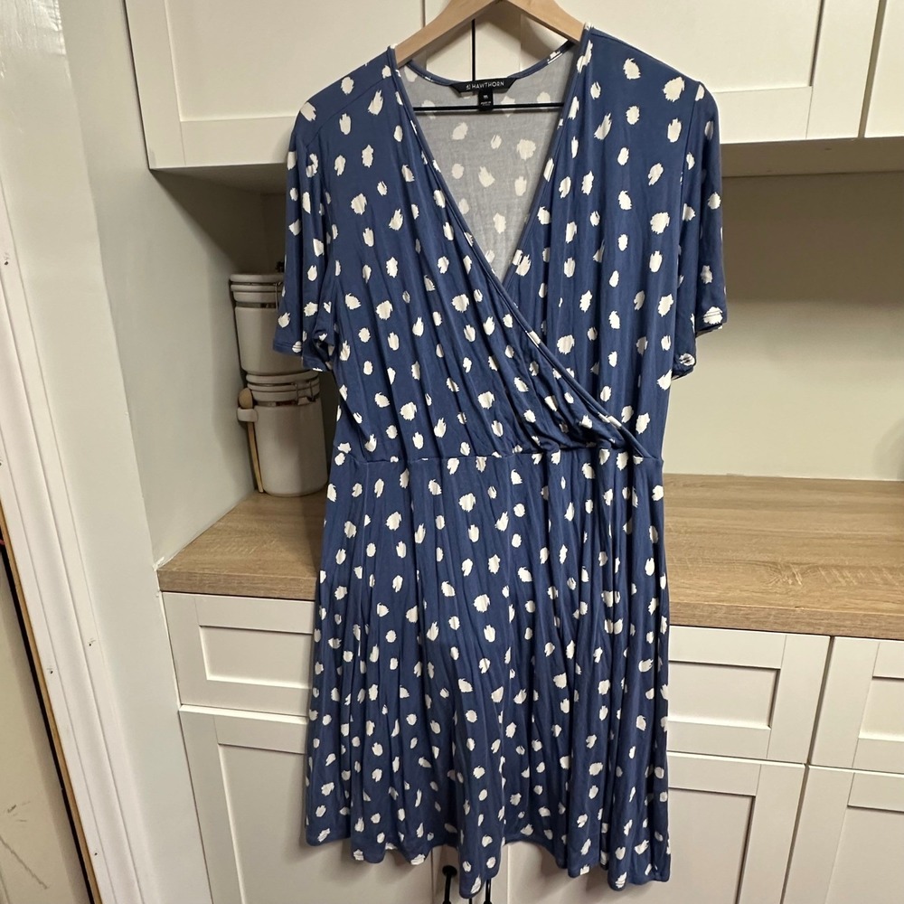 41 HAWTHORN Elisse Knit‎ Surplice Dress Womens XXL Blue White Polka Dot Stretch